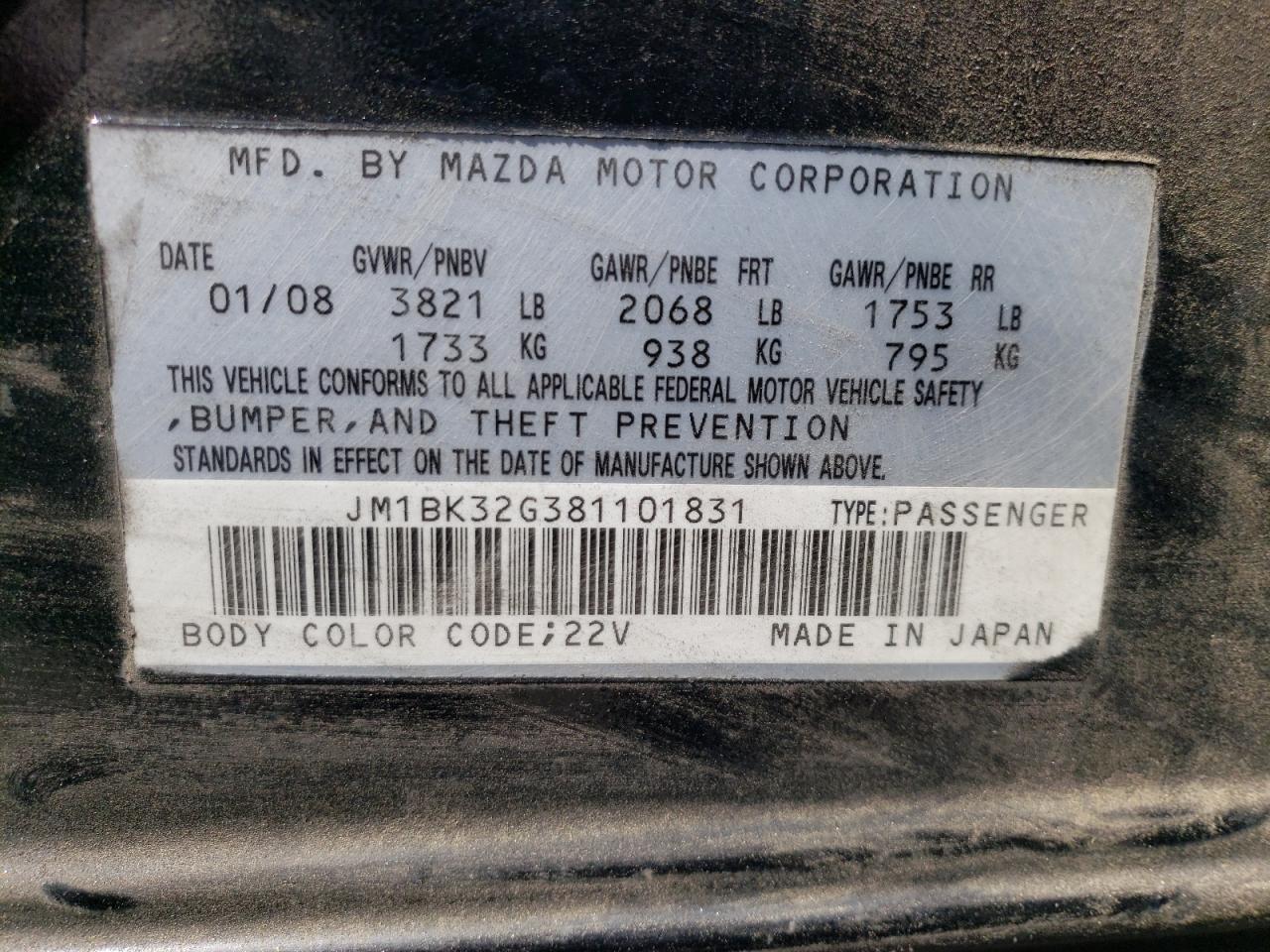Photo 10 from auction – 2008 MAZDA 3 I with VIN JM1BK32G381101831