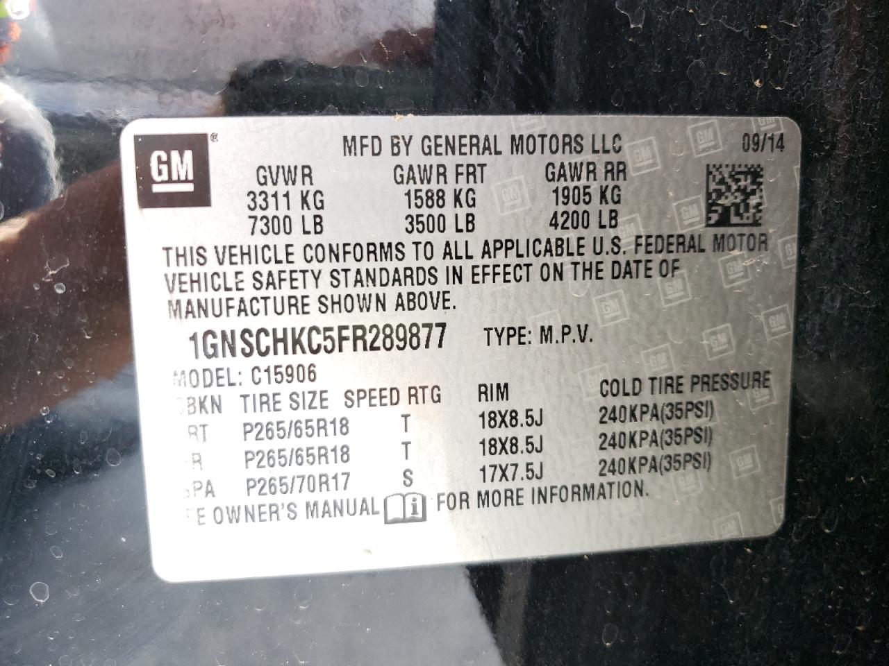 Photo 10 from auction – 2015 CHEVROLET SUBURBAN C with VIN 1GNSCHKC5FR289877