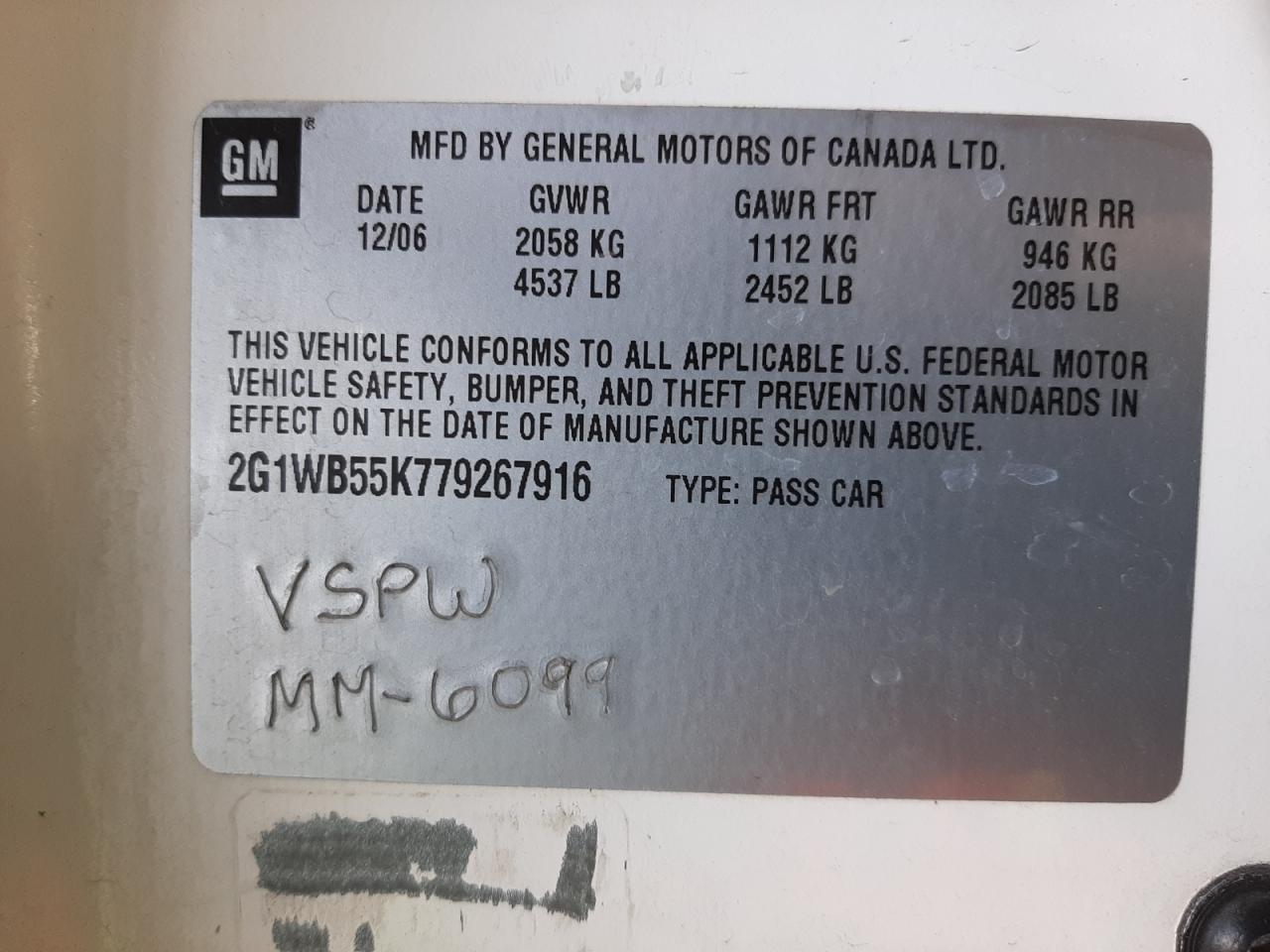 Photo 10 from auction – 2007 CHEVROLET IMPALA LS with VIN 2G1WB55K779267916
