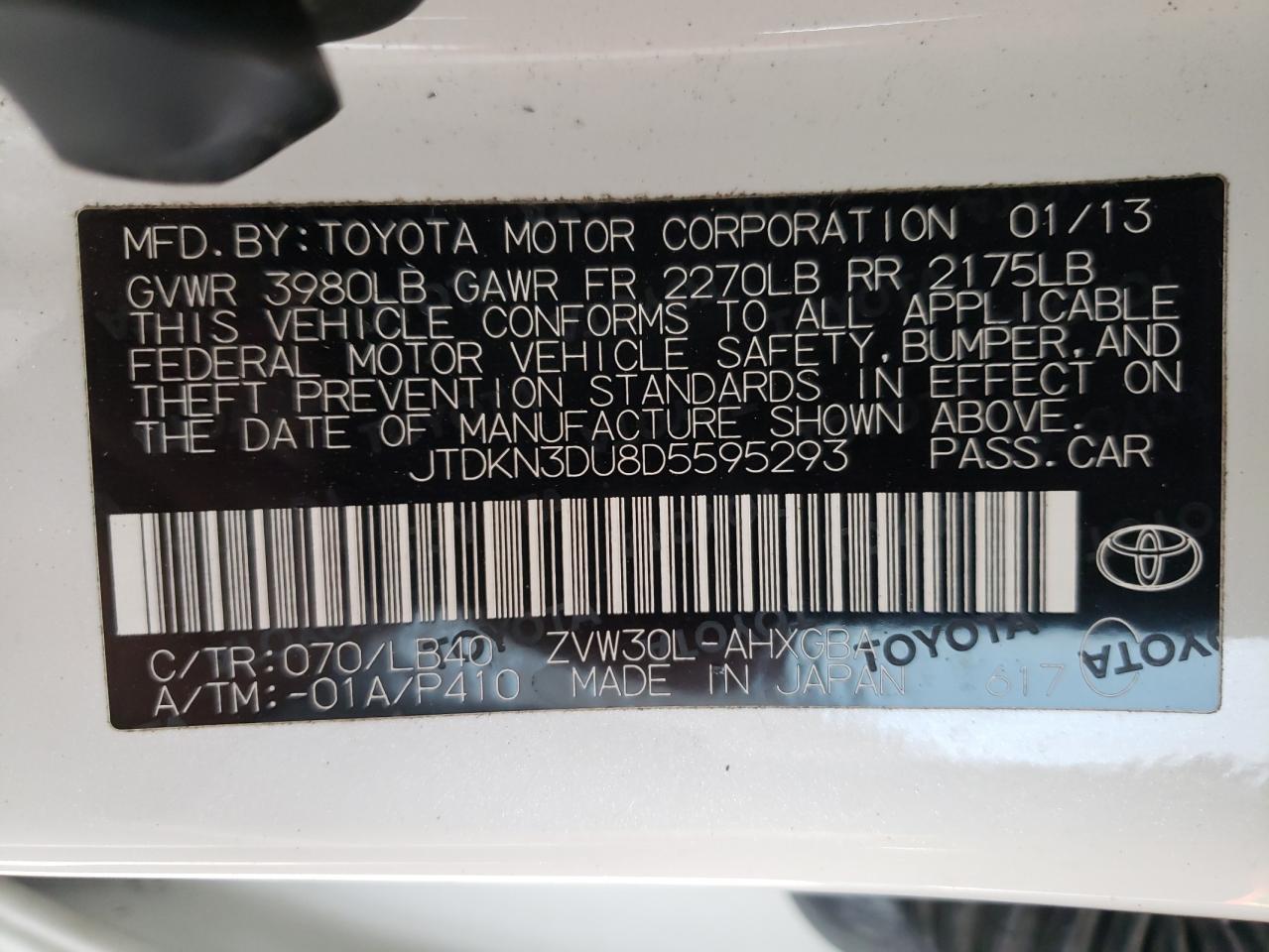 Photo 10 from auction – 2013 TOYOTA PRIUS with VIN JTDKN3DU8D5595293