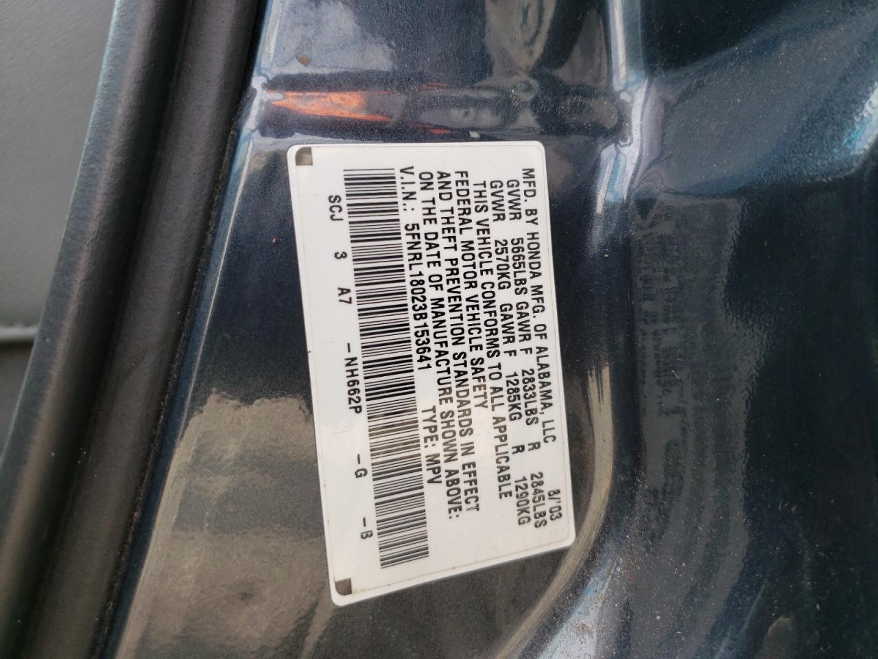 Photo 10 from auction – 2003 HONDA ODYSSEY EX with VIN 5FNRL18023B153641