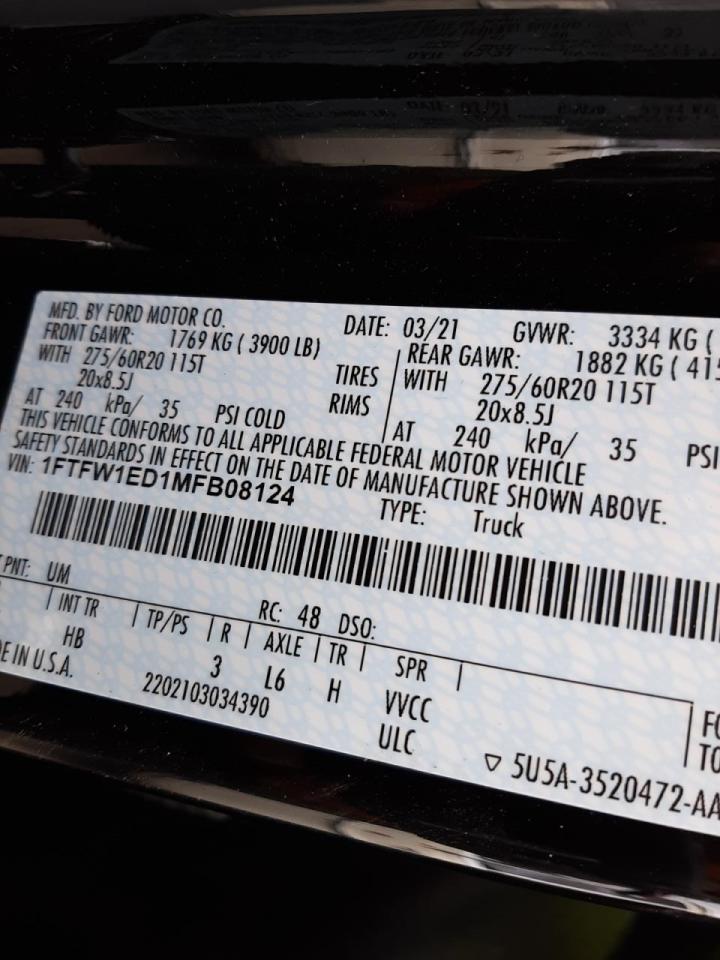 Photo 10 from auction – 2021 FORD F150 SUPER with VIN 1FTFW1ED1MFB08124
