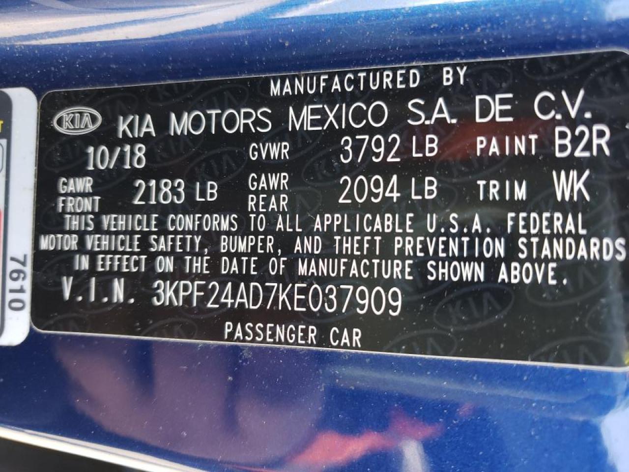 Photo 10 from auction – 2019 KIA FORTE FE with VIN 3KPF24AD7KE037909