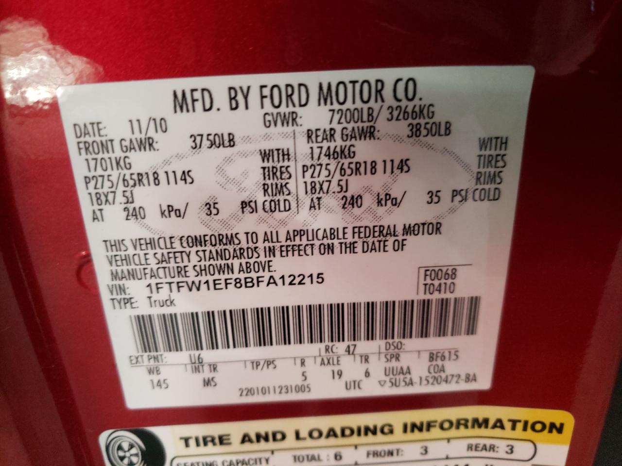 Photo 10 from auction – 2011 FORD F150 SUPER with VIN 1FTFW1EF8BFA12215