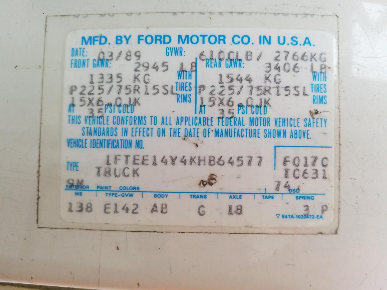 Photo 10 from auction – 1989 FORD ECONOLINE with VIN 1FTEE14Y4KHB64577