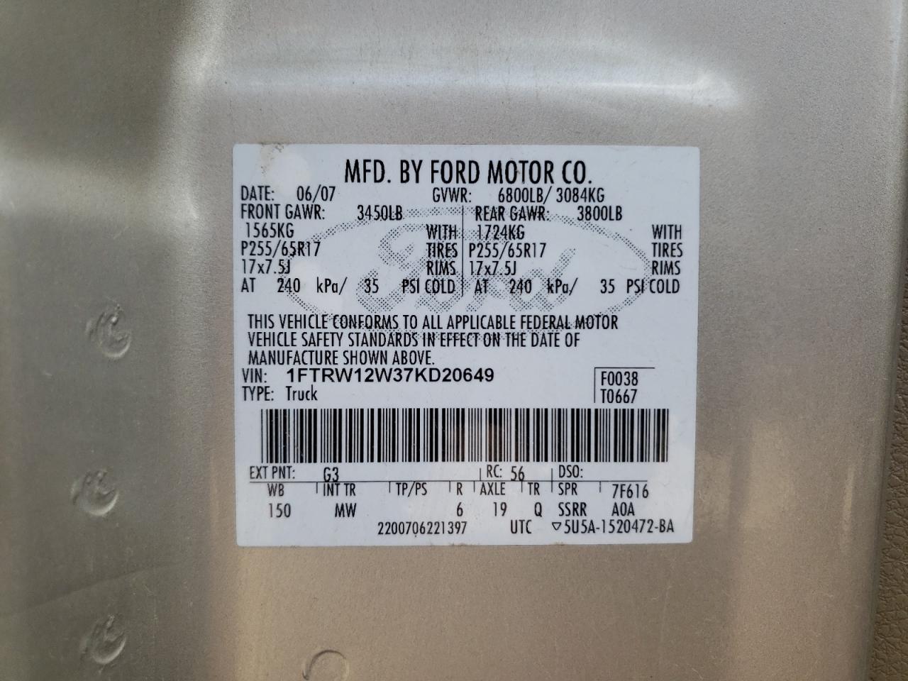 Photo 10 from auction – 2007 FORD F150 SUPER with VIN 1FTRW12W37KD20649