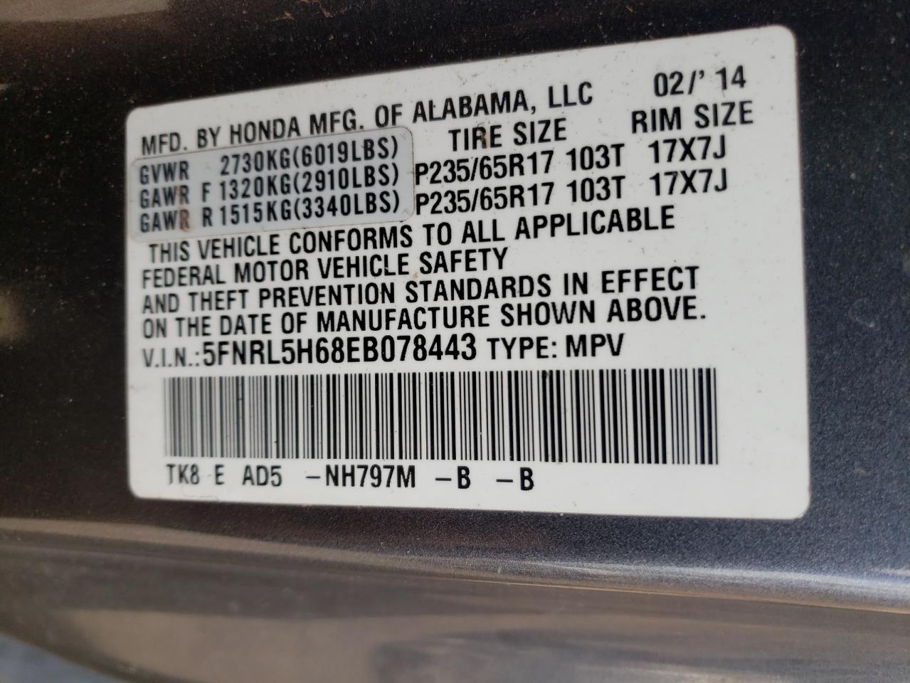 Photo 10 from auction – 2014 HONDA ODYSSEY EX with VIN 5FNRL5H68EB078443