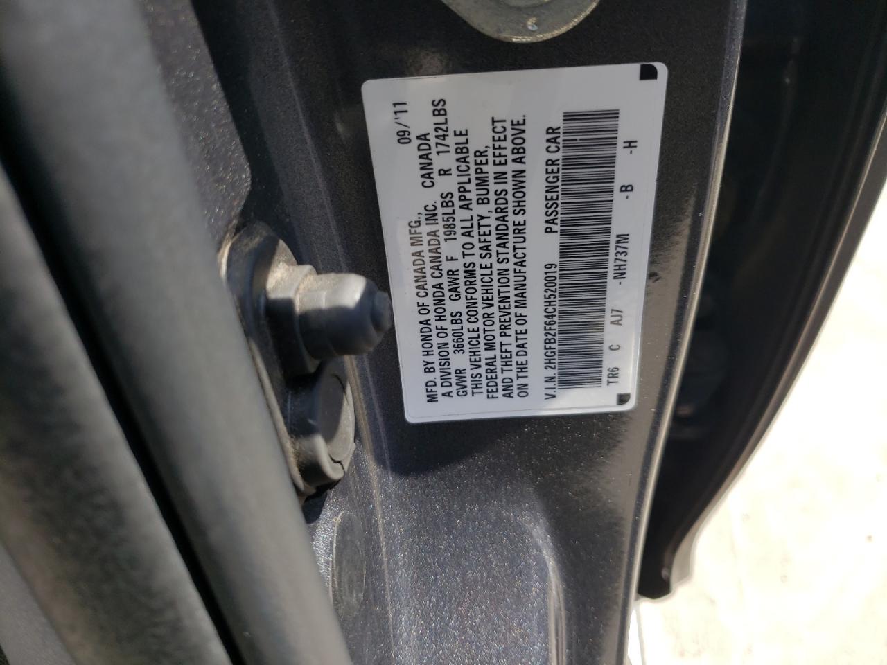 Photo 10 from auction – 2012 HONDA CIVIC HF with VIN 2HGFB2F64CH520019