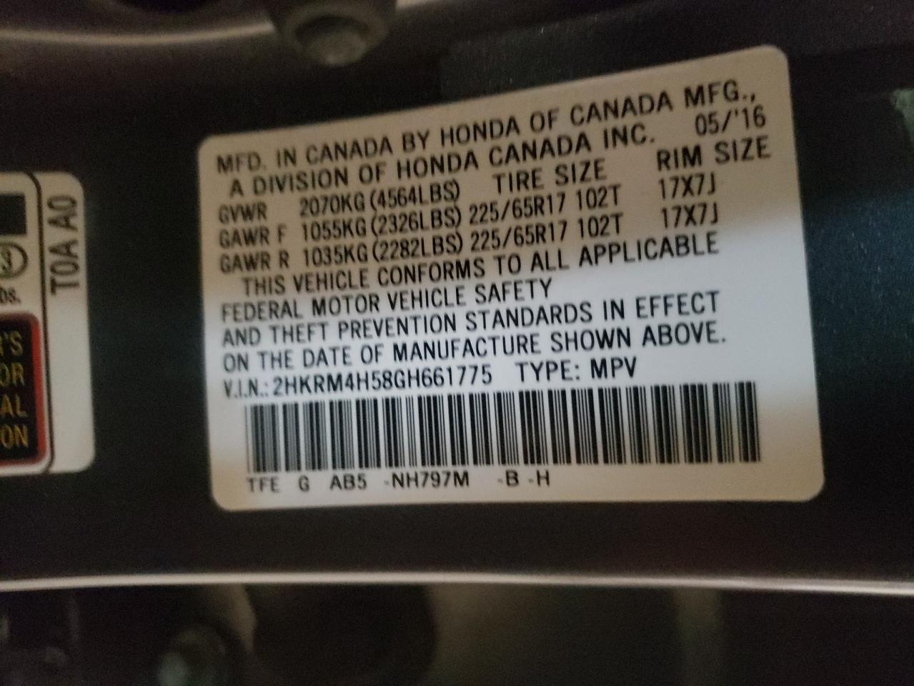 Photo 10 from auction – 2016 HONDA CR-V EX with VIN 2HKRM4H58GH661775