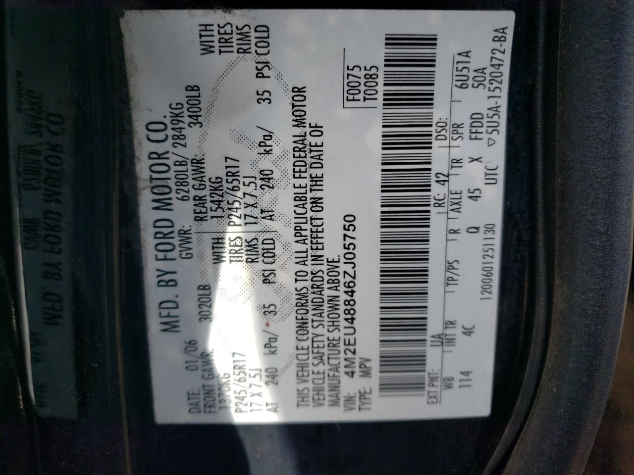Photo 10 from auction – 2006 MERCURY MOUNTAINEE with VIN 4M2EU48846ZJ05750