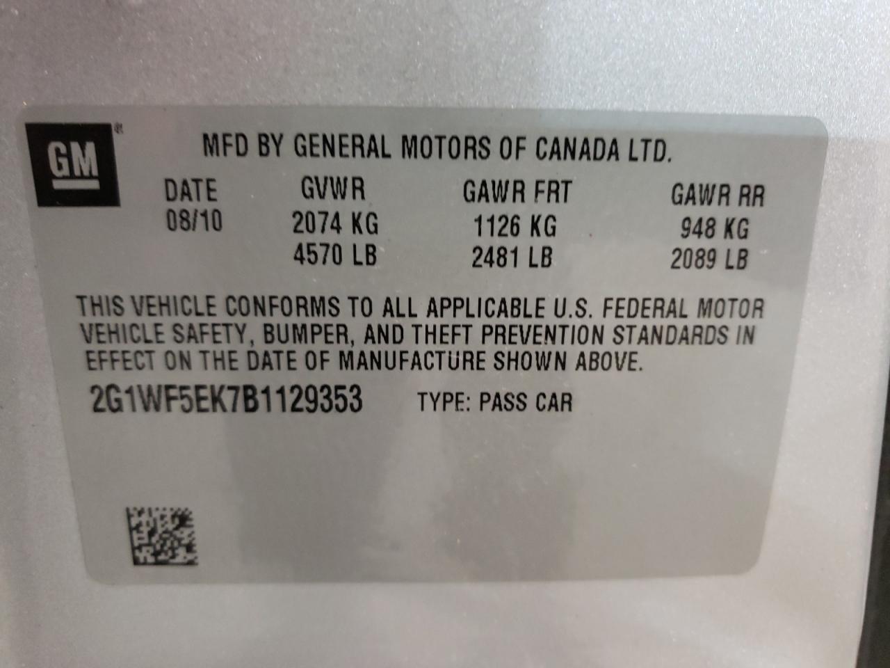 Photo 10 from auction – 2011 CHEVROLET IMPALA LS with VIN 2G1WF5EK7B1129353