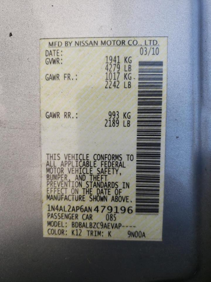 Photo 10 from auction – 2010 NISSAN ALTIMA BAS with VIN 1N4AL2AP6AN479196