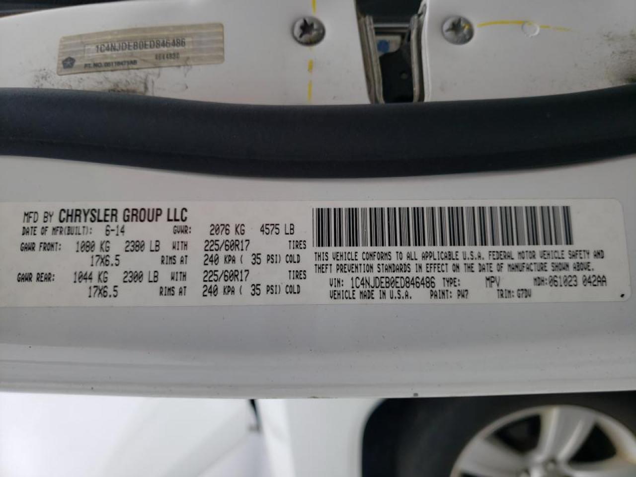 Photo 10 from auction – 2014 JEEP COMPASS LA with VIN 1C4NJDEB0ED846486