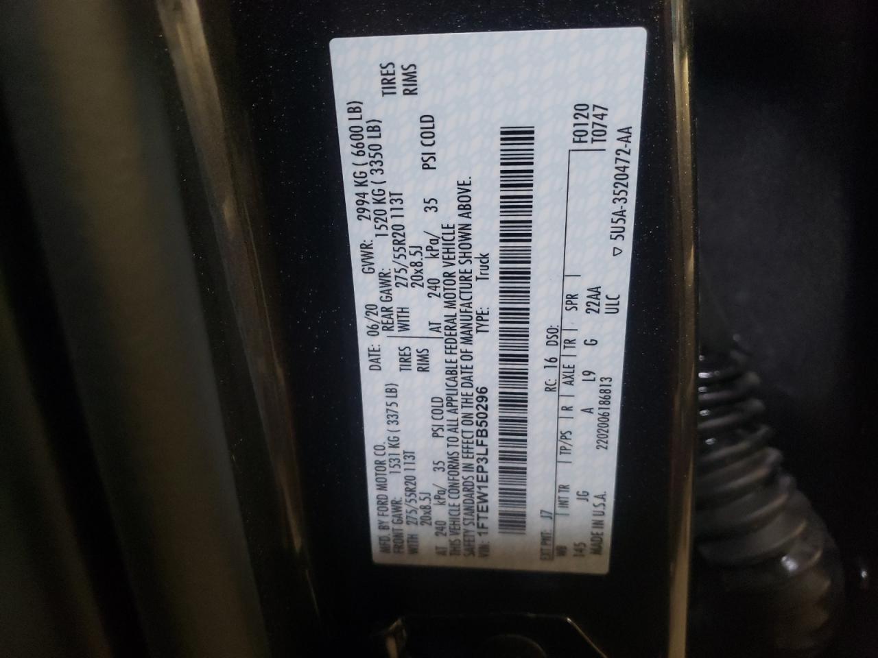 Photo 10 from auction – 2020 FORD F150 SUPER with VIN 1FTEW1EP3LFB50296