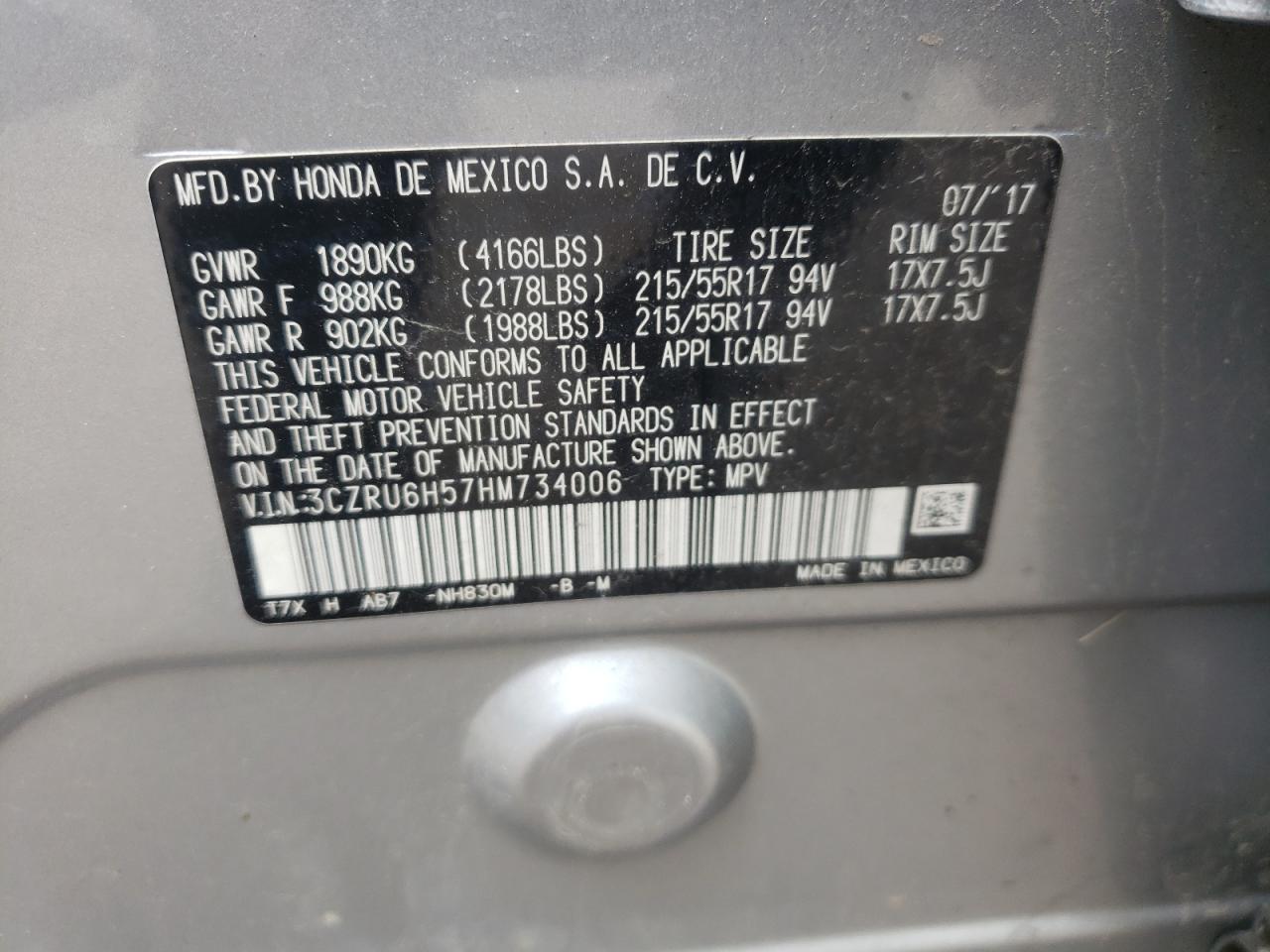 Photo 10 from auction – 2017 HONDA HR-V EX with VIN 3CZRU6H57HM734006