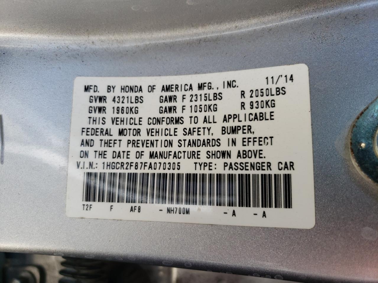 Photo 10 from auction – 2015 HONDA ACCORD EXL with VIN 1HGCR2F87FA070305