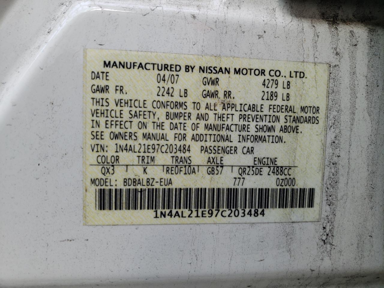 Photo 10 from auction – 2007 NISSAN ALTIMA 2.5 with VIN 1N4AL21E97C203484