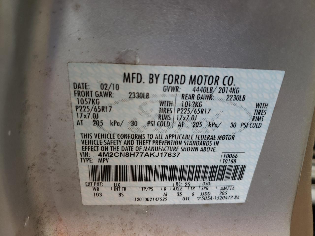 Photo 10 from auction – 2010 MERCURY MARINER PR with VIN 4M2CN8H77AKJ17637