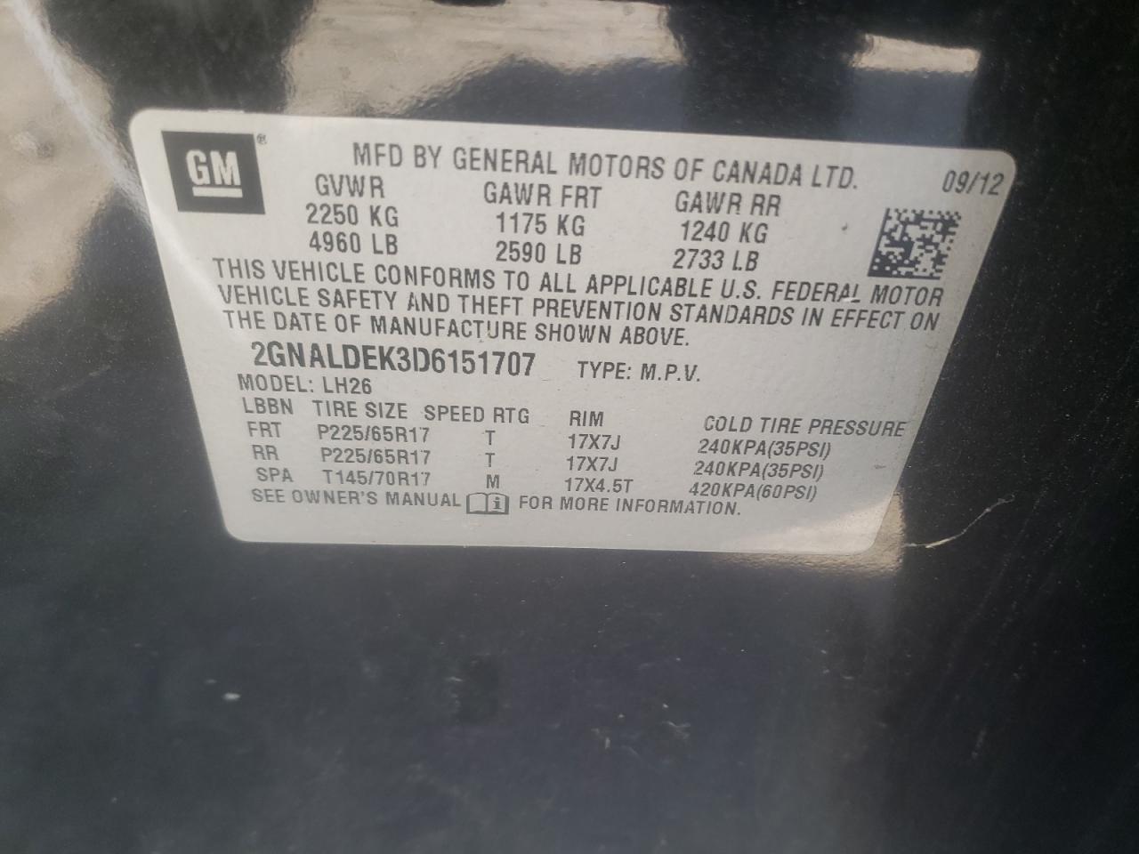 Photo 10 from auction – 2013 CHEVROLET EQUINOX LT with VIN 2GNALDEK3D6151707