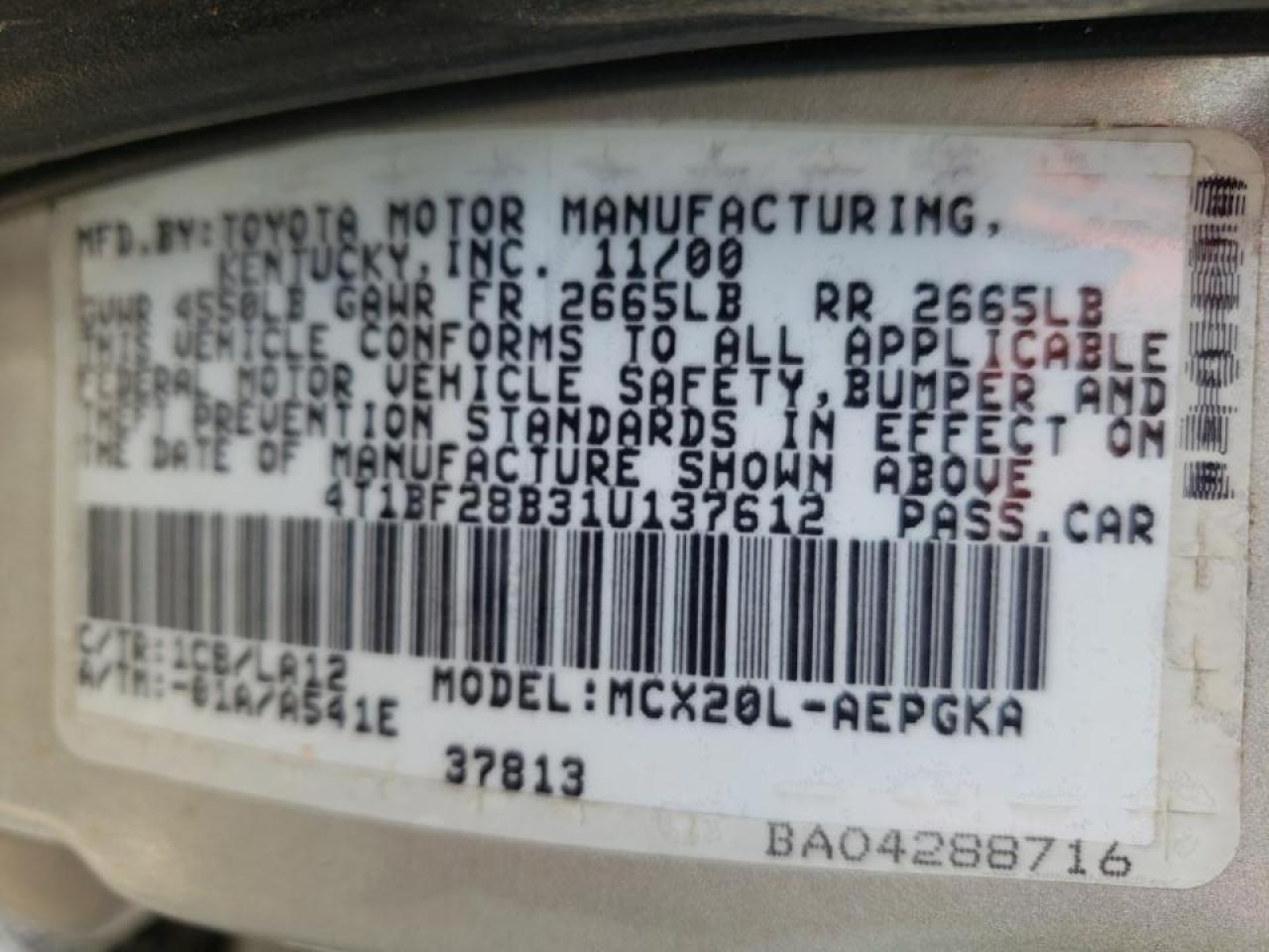 Photo 10 from auction – 2001 TOYOTA AVALON XL with VIN 4T1BF28B31U137612