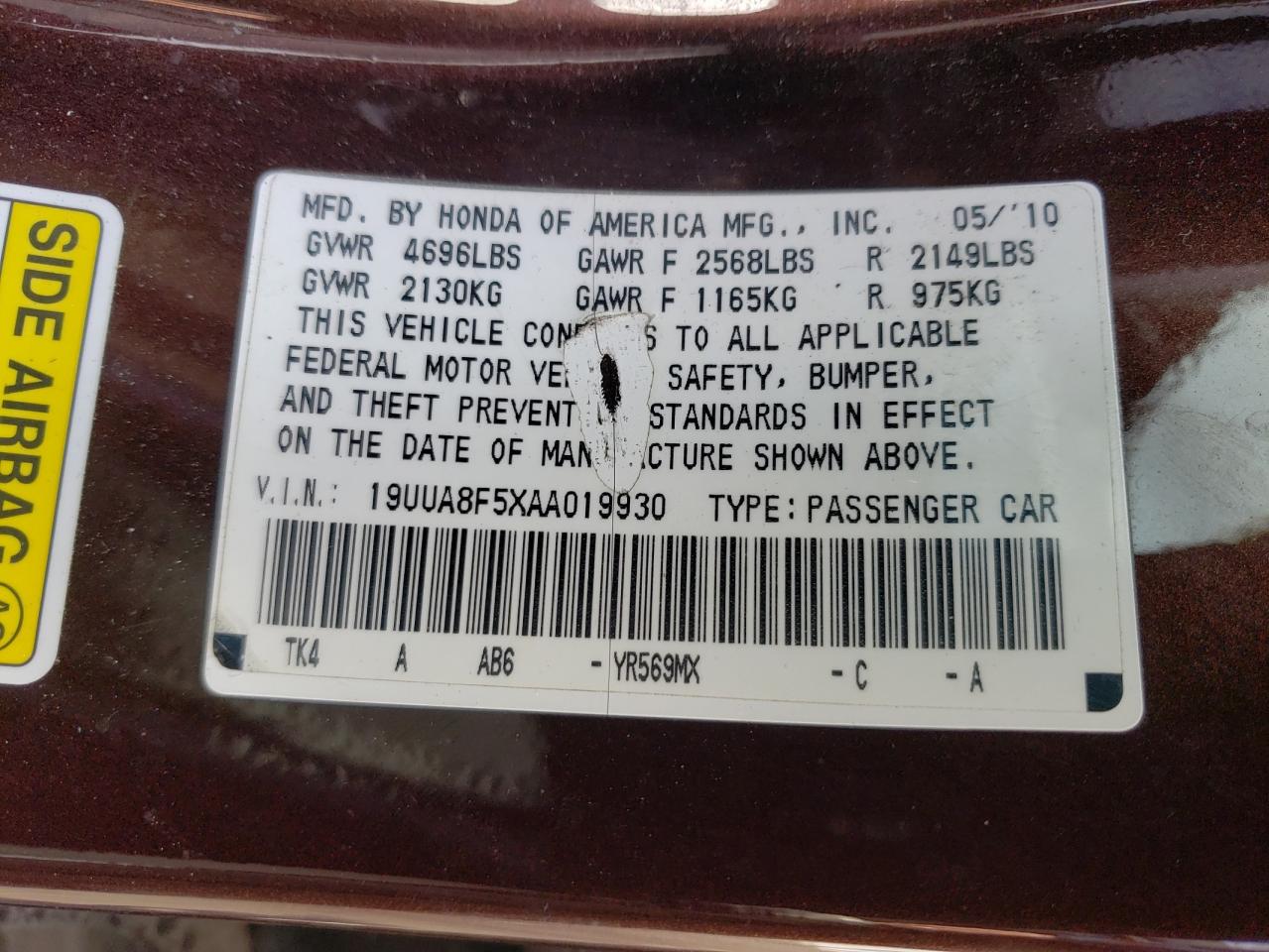 Photo 10 from auction – 2010 ACURA TL with VIN 19UUA8F5XAA019930