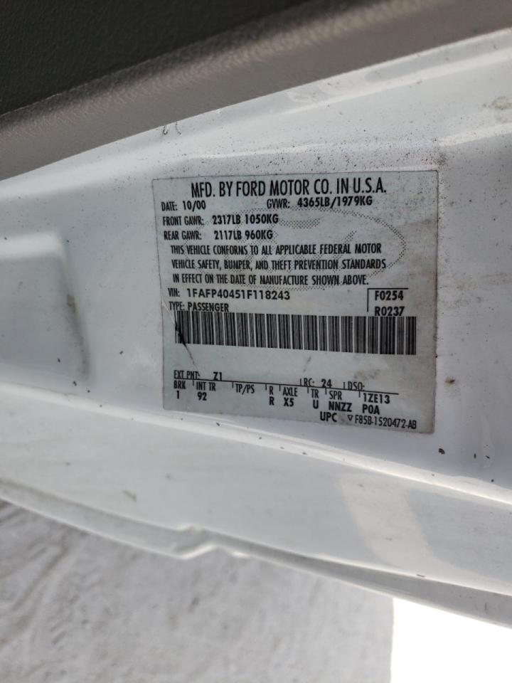 Photo 10 from auction – 2001 FORD MUSTANG with VIN 1FAFP40451F118243