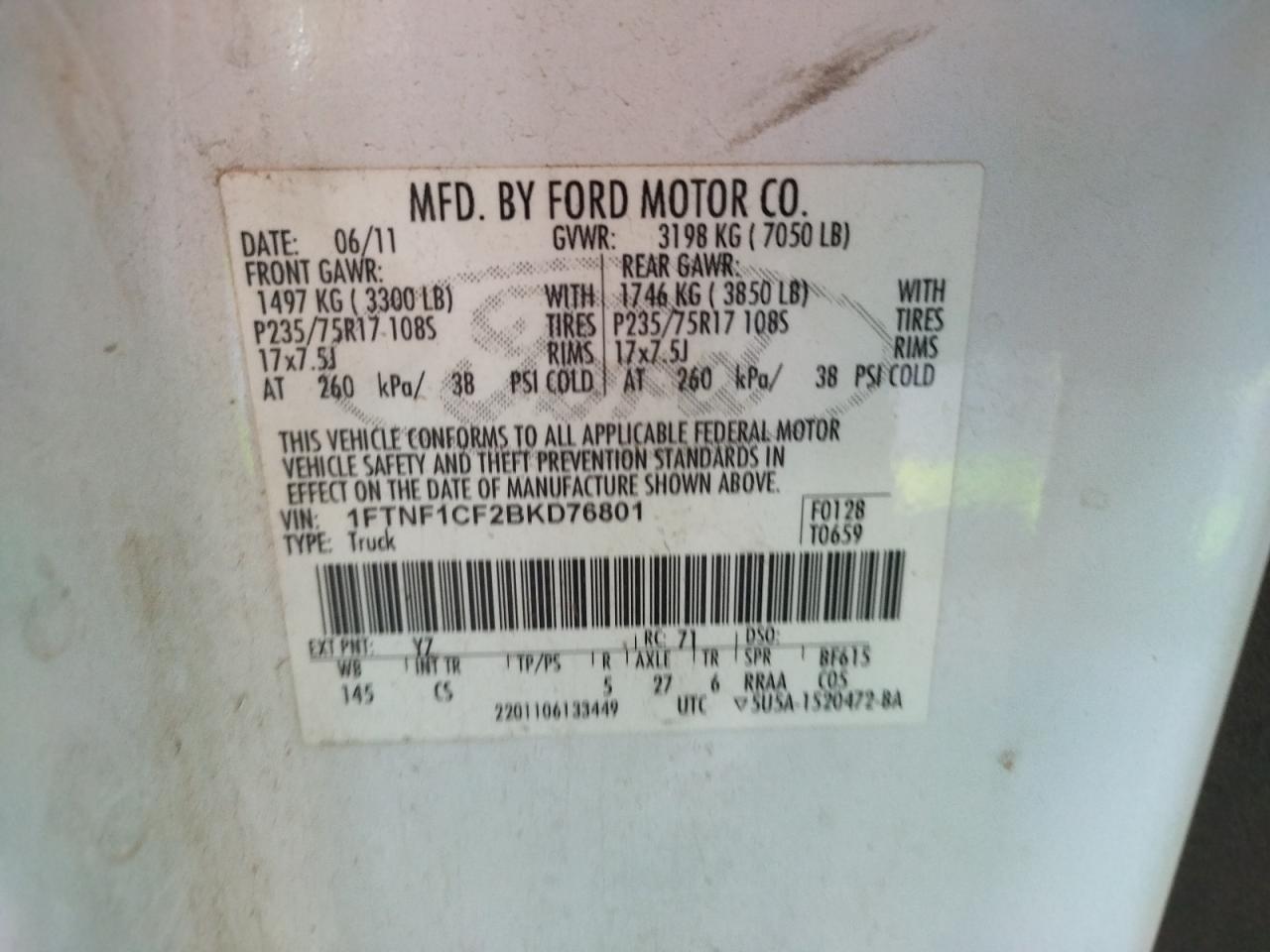 Photo 10 from auction – 2011 FORD F150 with VIN 1FTNF1CF2BKD76801