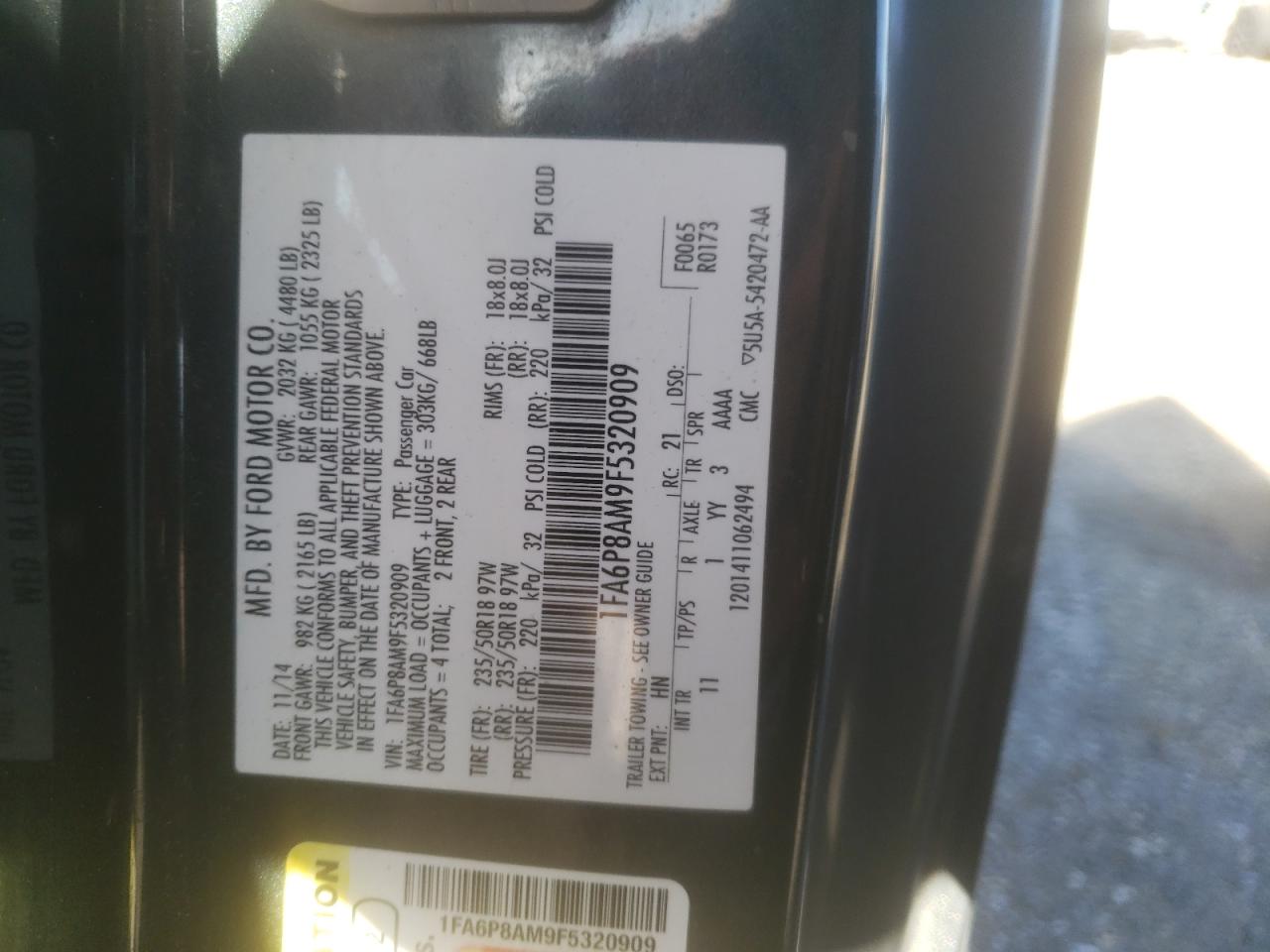 Photo 10 from auction – 2015 FORD MUSTANG with VIN 1FA6P8AM9F5320909