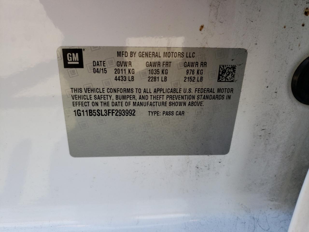 Photo 10 from auction – 2015 CHEVROLET MALIBU LS with VIN 1G11B5SL3FF293992