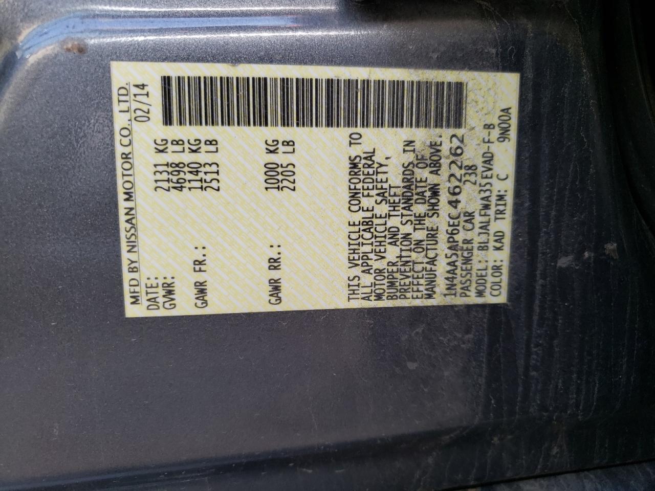 Photo 10 from auction – 2014 NISSAN MAXIMA S with VIN 1N4AA5AP6EC462262