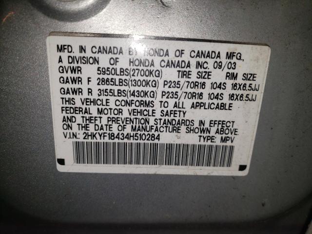 HONDA PILOT EX 2004 with VIN 2HKYF18434H510284 - Photo from auction