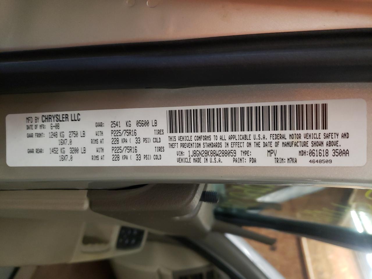 Photo 10 from auction – 2008 JEEP LIBERTY SP with VIN 1J8GN28K88W288059