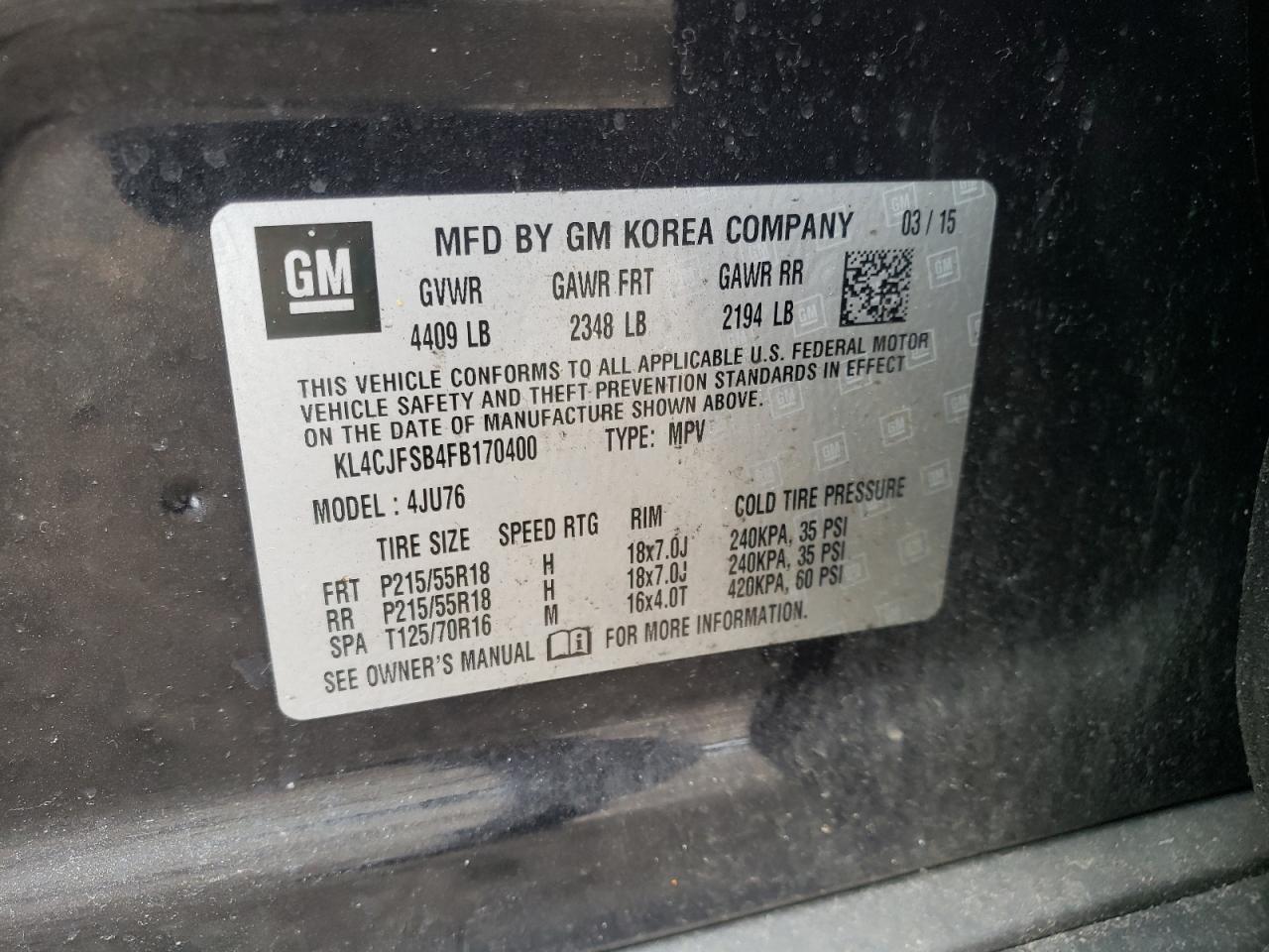 Photo 10 from auction – 2015 BUICK ENCORE CON with VIN KL4CJFSB4FB170400