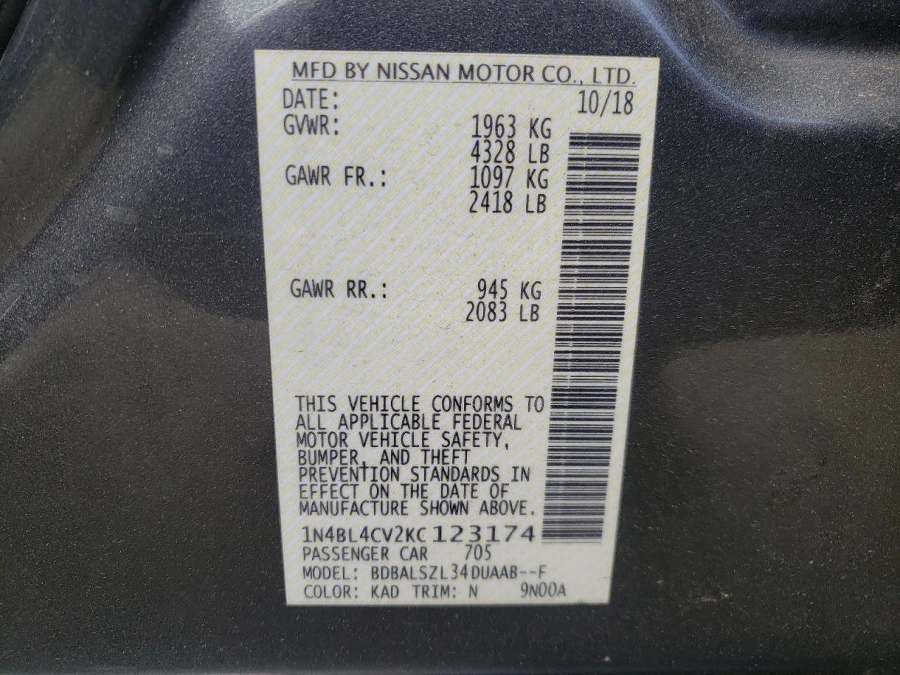 Photo 10 from auction – 2019 NISSAN ALTIMA SR with VIN 1N4BL4CV2KC123174