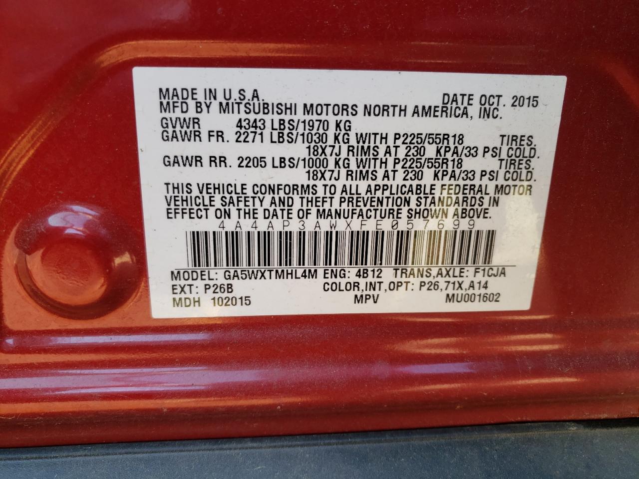 Photo 10 from auction – 2015 MITSUBISHI OUTLANDER with VIN 4A4AP3AWXFE057699