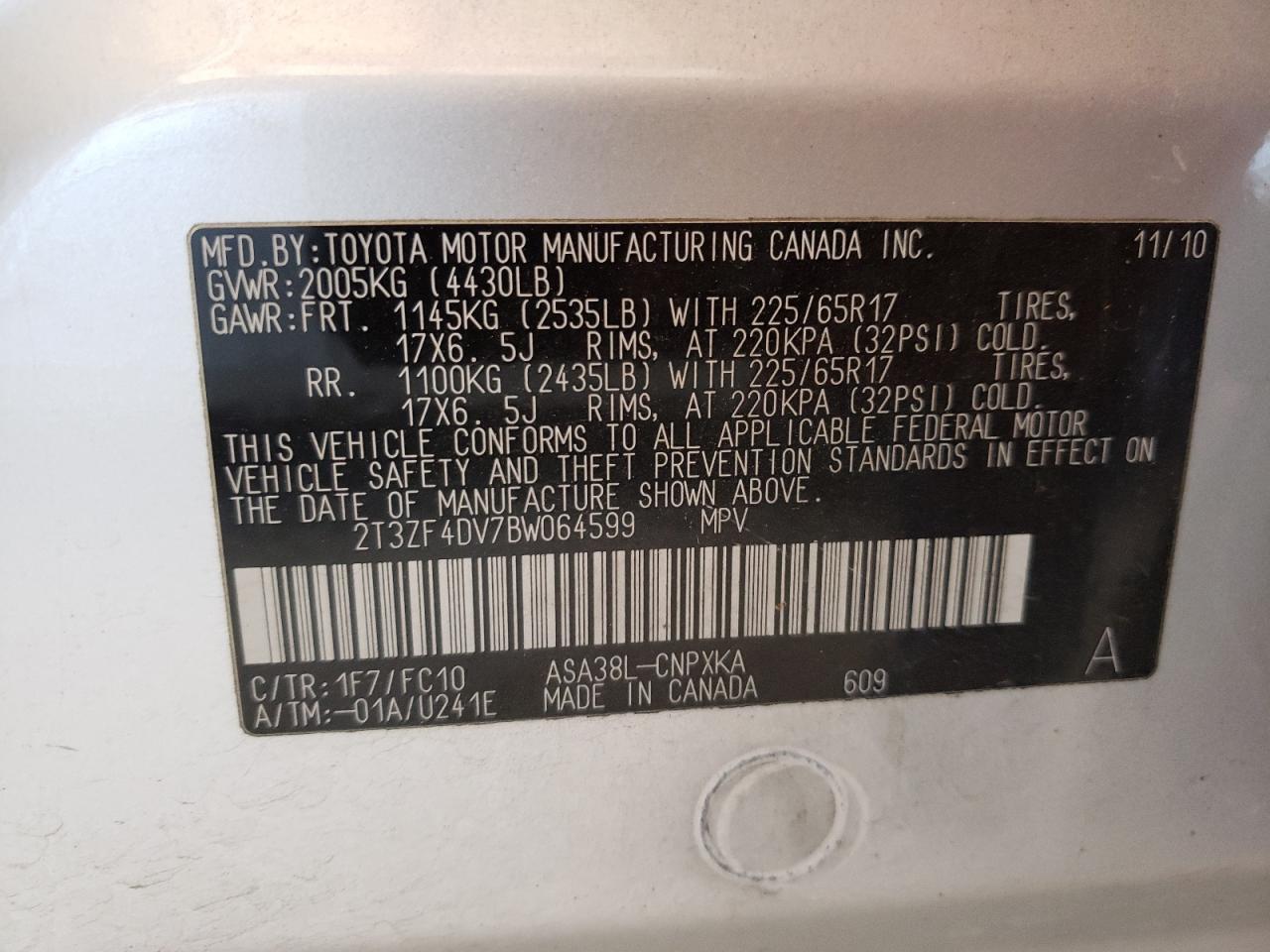 Photo 10 from auction – 2011 TOYOTA RAV4 with VIN 2T3ZF4DV7BW064599