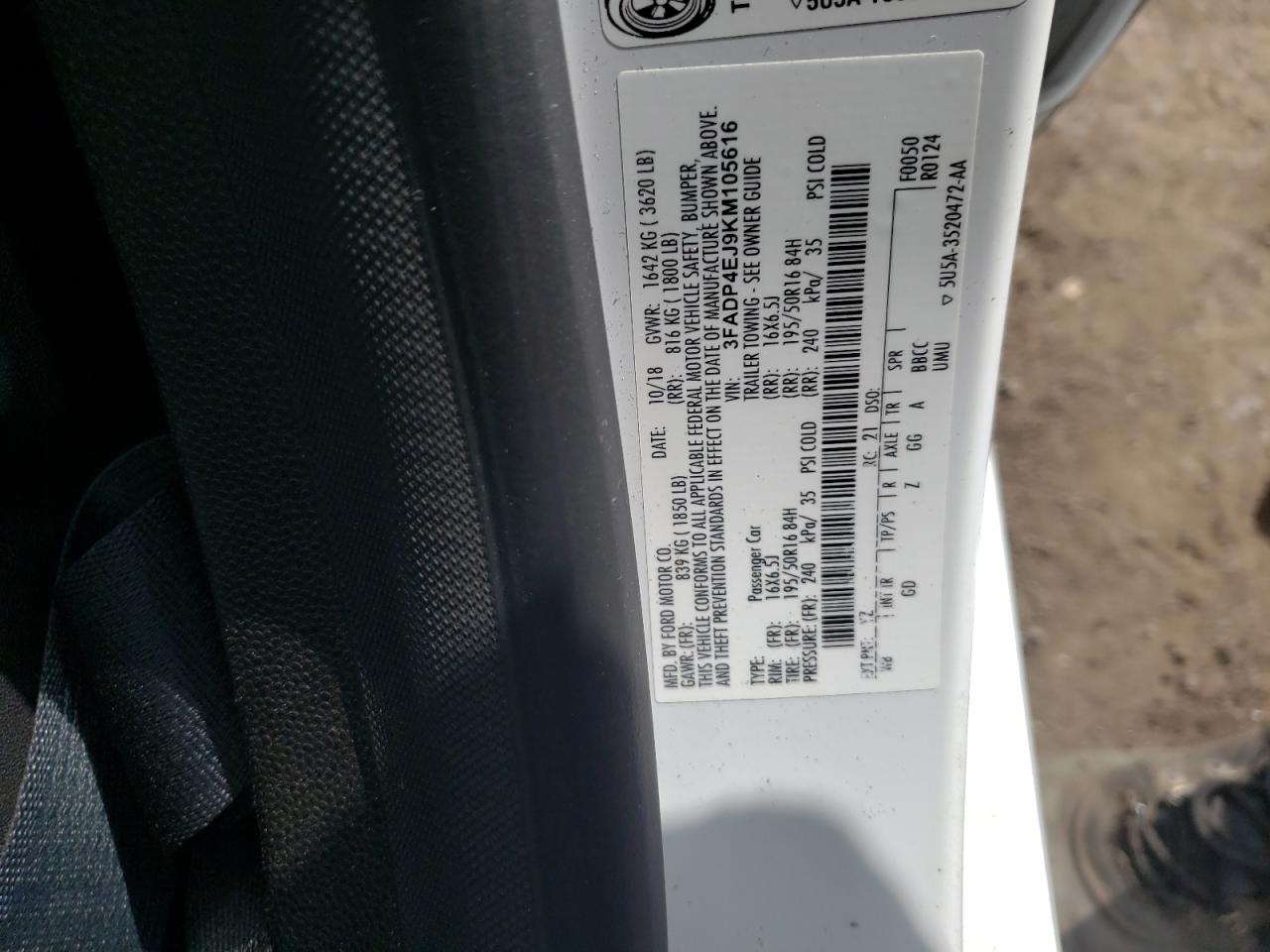 Photo 10 from auction – 2019 FORD FIESTA SE with VIN 3FADP4EJ9KM105616