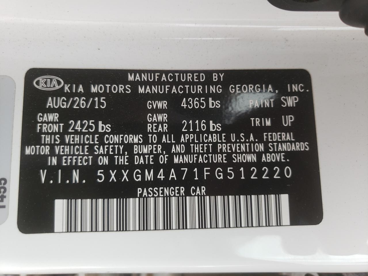 Photo 10 from auction – 2015 KIA OPTIMA LX with VIN 5XXGM4A71FG512220