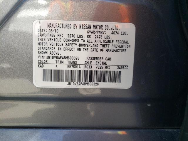INFINITI G25 BASE 2011 with VIN JN1DV6AP4BM600326 - Photo from auction