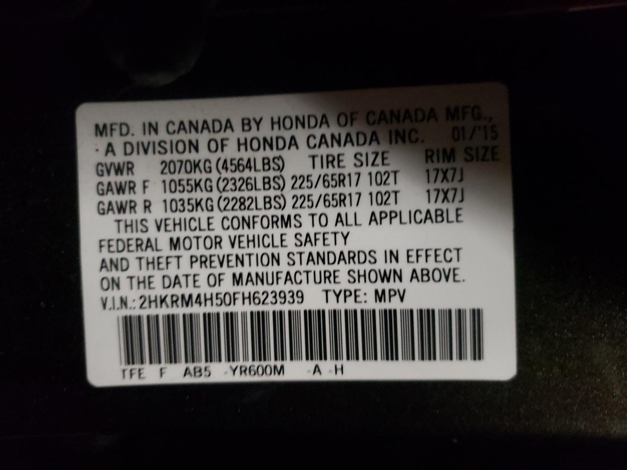 Photo 10 from auction – 2015 HONDA CR-V EX with VIN 2HKRM4H50FH623939
