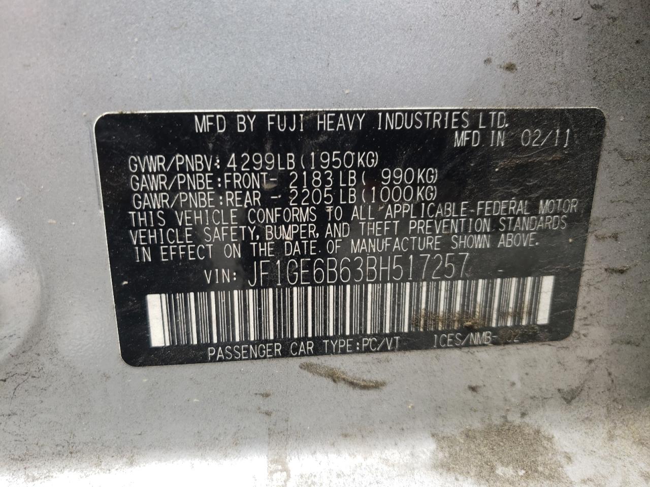 Photo 10 from auction – 2011 SUBARU IMPREZA 2. with VIN JF1GE6B63BH517257