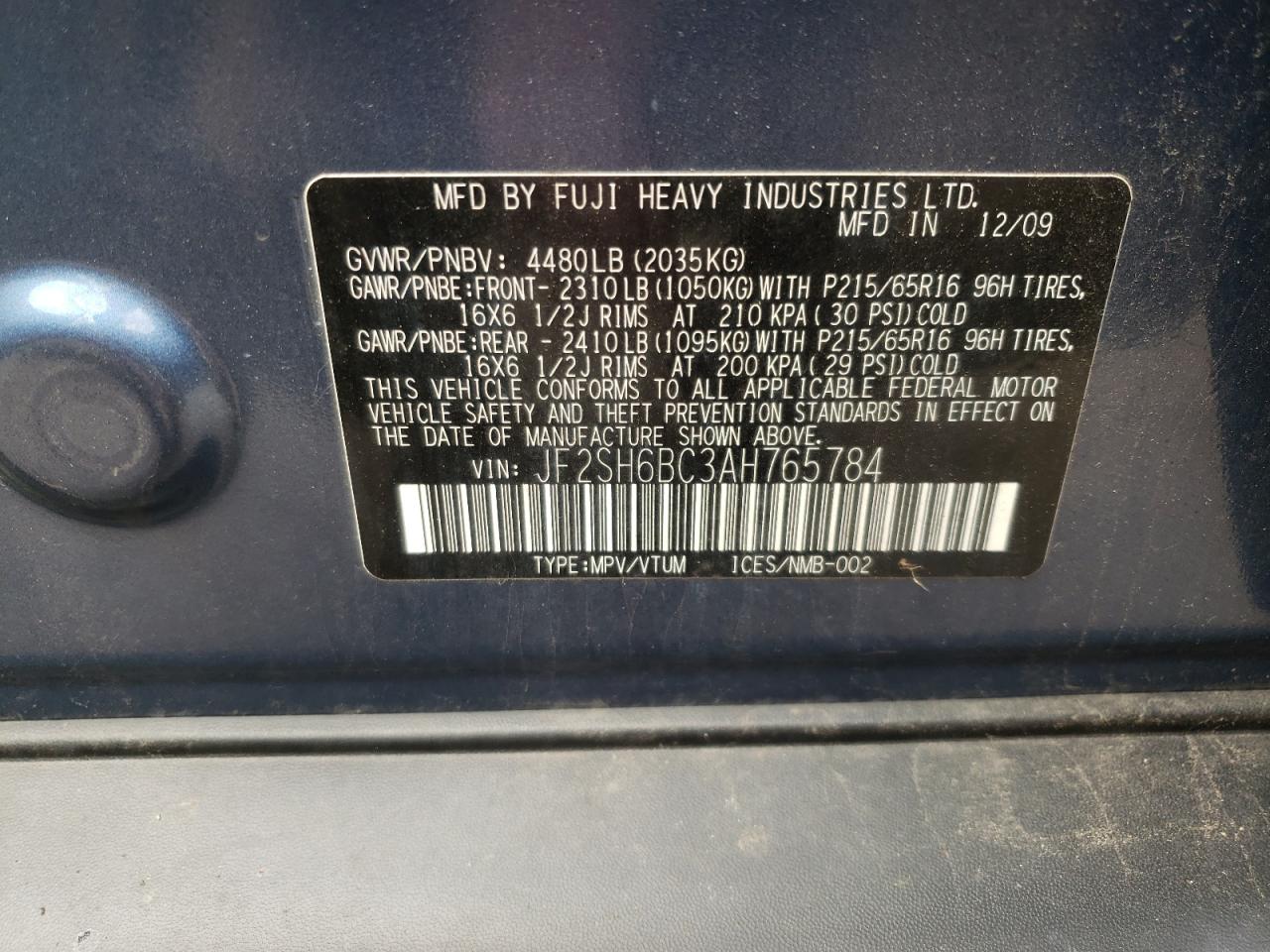 Photo 10 from auction – 2010 SUBARU FORESTER 2 with VIN JF2SH6BC3AH765784