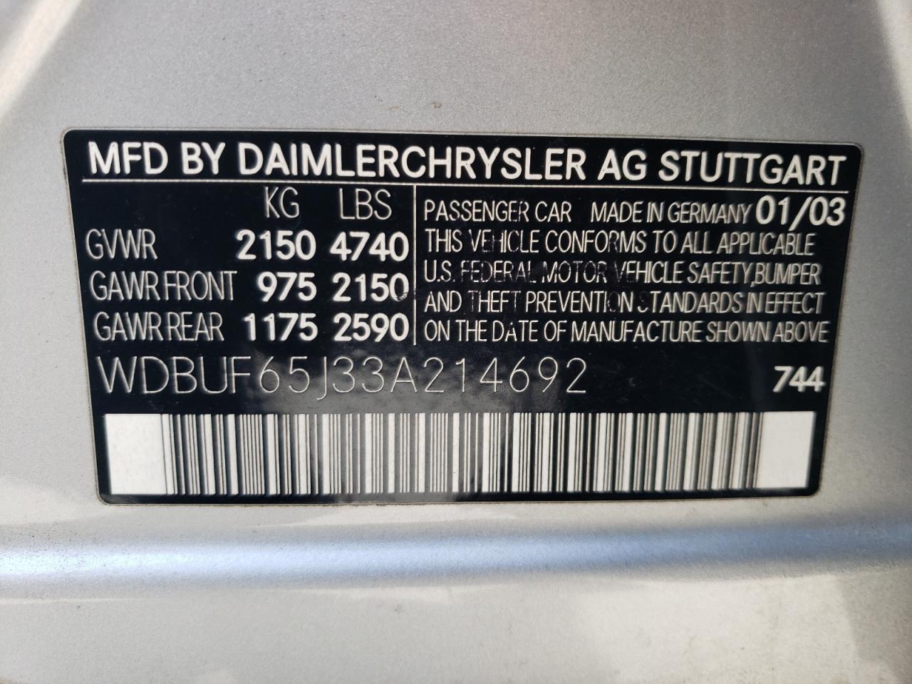 Photo 10 from auction – 2003 MERCEDES-BENZ E 320 with VIN WDBUF65J33A214692