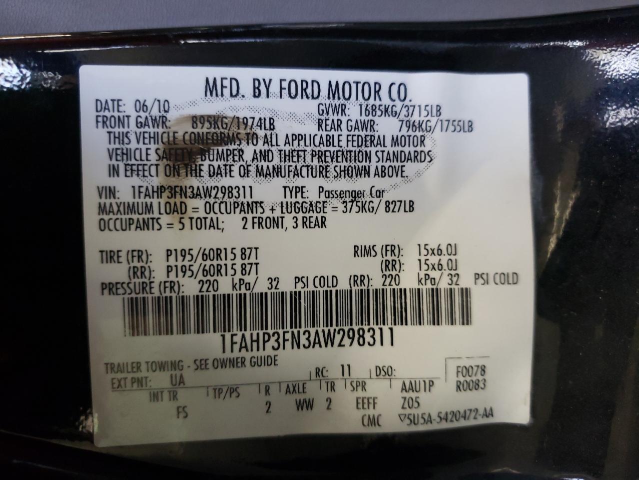 Photo 10 from auction – 2010 FORD FOCUS SE with VIN 1FAHP3FN3AW298311