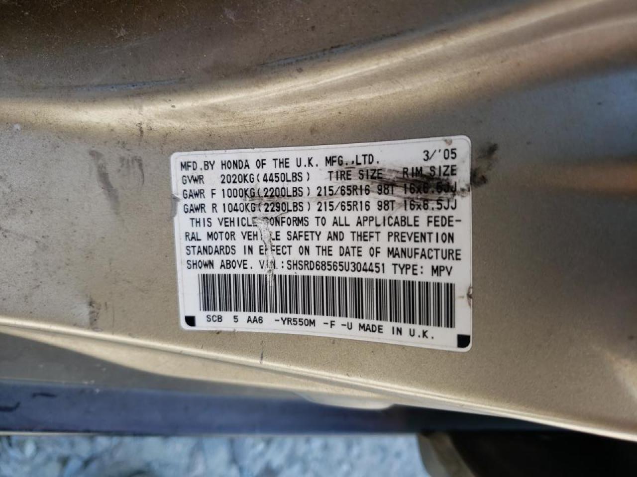 Photo 10 from auction – 2005 HONDA CR-V LX with VIN SHSRD68565U304451