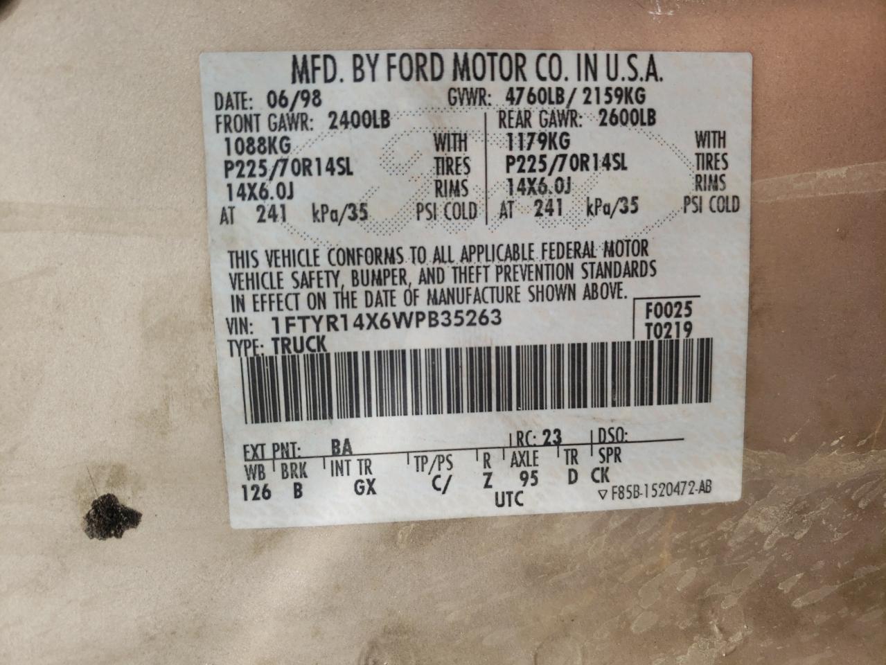Photo 10 from auction – 1998 FORD RANGER SUP with VIN 1FTYR14X6WPB35263