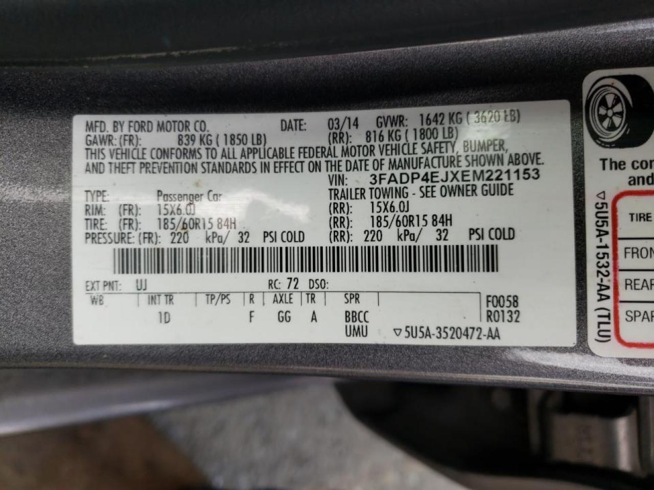 Photo 10 from auction – 2014 FORD FIESTA SE with VIN 3FADP4EJXEM221153