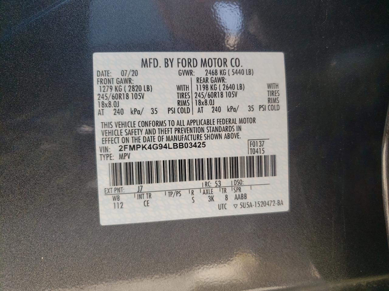 Photo 10 from auction – 2020 FORD EDGE SE with VIN 2FMPK4G94LBB03425