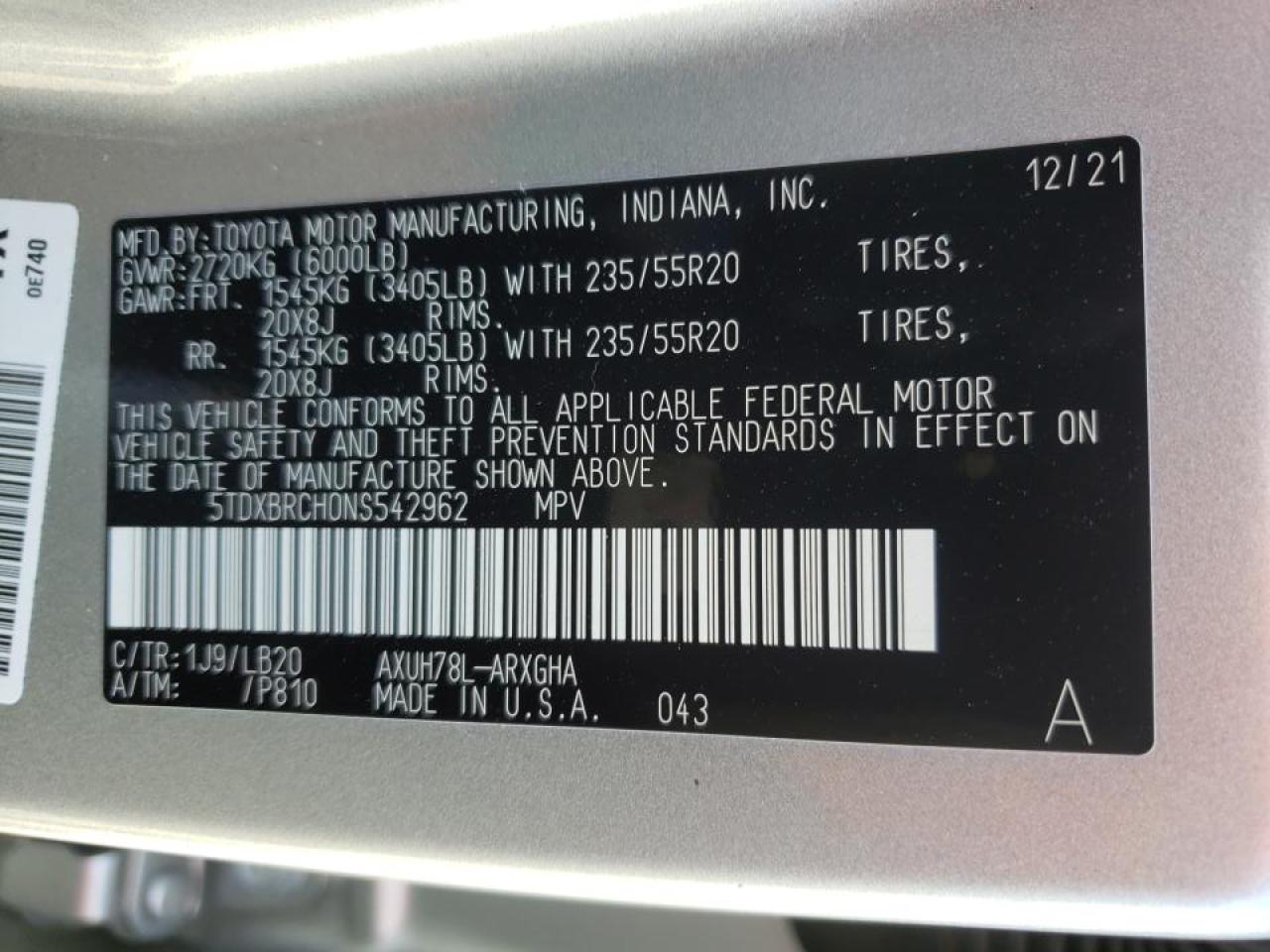 Photo 10 from auction – 2022 TOYOTA HIGHLANDER with VIN 5TDXBRCH0NS542962