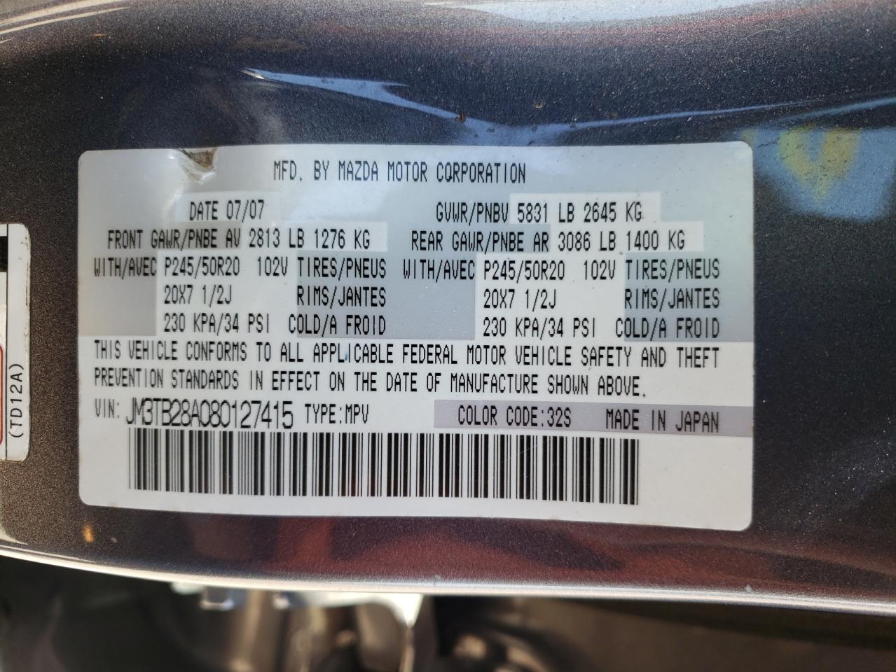 Photo 10 from auction – 2008 MAZDA CX-9 with VIN JM3TB28A080127415